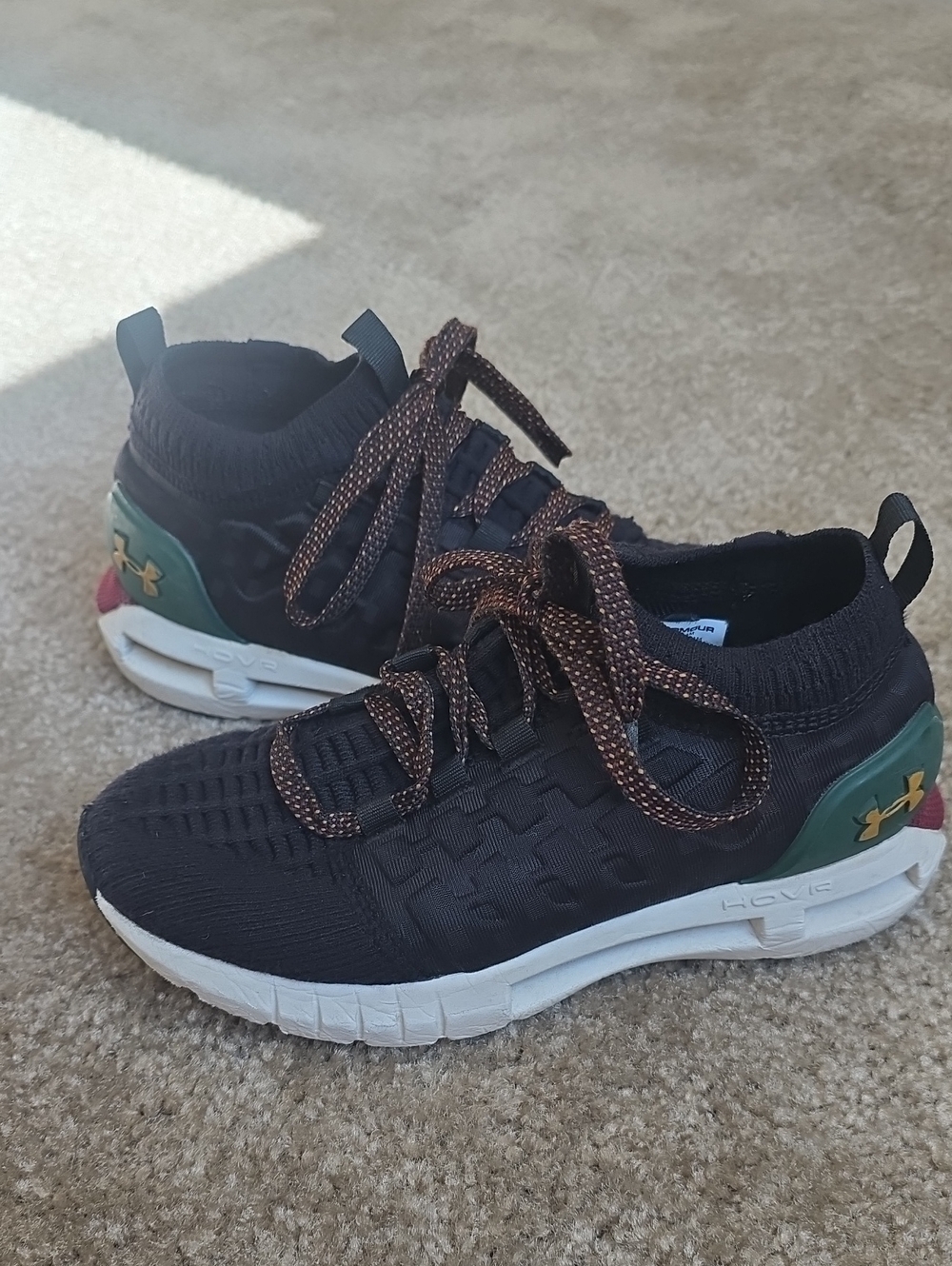 Under Armour- Boys Size 3.5 - Black Knit Sneakers with Green & Gold Heel Accents